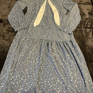 SHEIN Tie Neck Blue Polka Dot Dress with White Accents